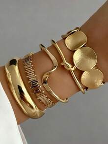 5pcs European And American Cross-Border Retro Simple Chain Bracelet, Fashionable Mix And Match Open Bracelet Bracelet Bracelet Bracelet With Layered Style Combination - Gold - View 1
