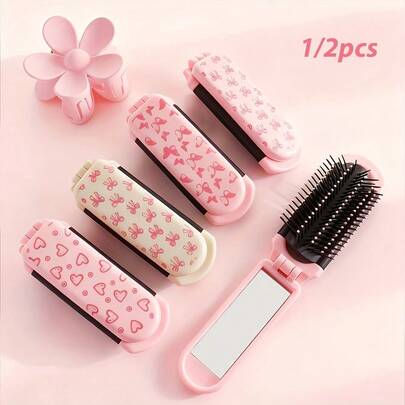 2件套折叠梳子和发夹组合，花卉印花便携折叠梳，蝴蝶和爱心造型发夹，口袋梳，旅行梳，花朵造型发夹，马尾夹，礼品套装