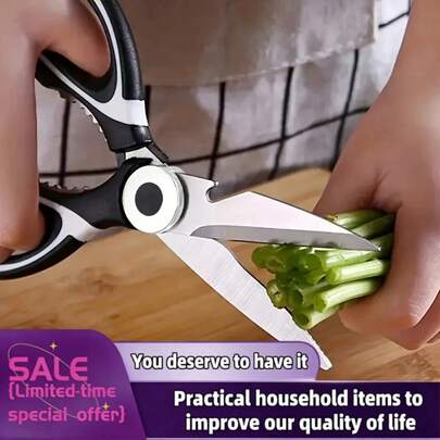 Tijeras de cocina multifuncionales, tijeras de cocina de acero inoxidable de alta resistencia, tijeras para barbacoa coreana, artículos para el hogar, suministros de cocina y bar, tijeras resistentes para carne, pizza, ensalada, carne, aves de corral, pescado - diseño ergonómico antideslizante en negro y blanco