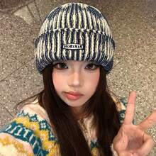 Korean Style Fashion Tie-Dye Color-Block Handmade Knitted Hat For Men And Women, Autumn And Winter Warm Rolled Edge Cold Hat, Ear Protection Pullover Knit Hat,  Suitable For Couples To Wear In Autumn And Winter - 酒紅色 - 查看 9
