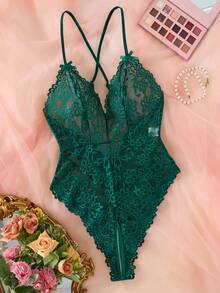 1pc Burgundy Lace Embroidered Backless Jumpsuit, Featuring Soft & Comfortable Open-Crotch Design, Bowknot Decor Sexy & Elegant, Suitable For All Seasons - Green - View 2