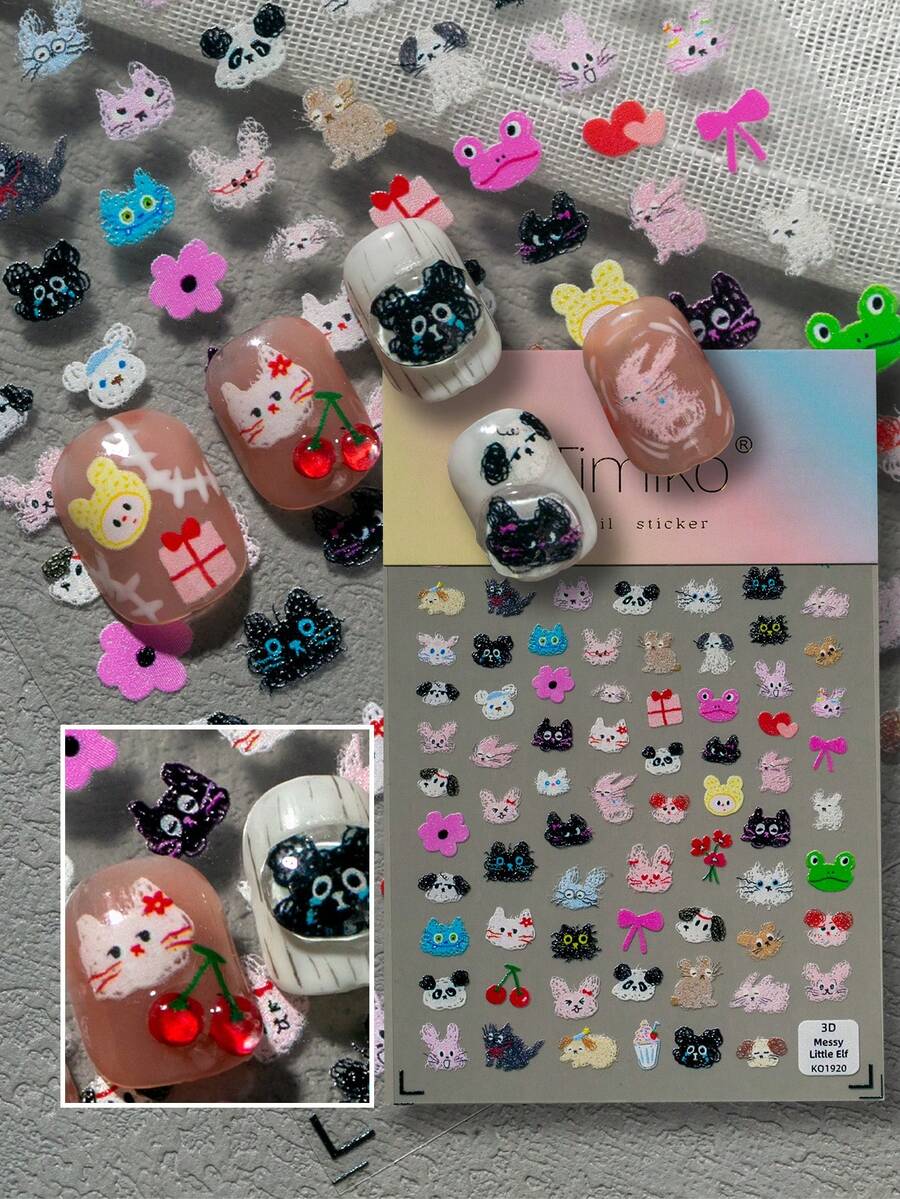 1 Sheet Cute & Healing Nail Art Stickers, Featuring Adorable Animals Like Cats, Rabbits, Pandas, Frogs, Puppies, Paired With Sweet Elements Like Cherries, Flowers, Bows, Gift Boxes, Cakes, Bottles, Suitable For Daily, Date, Party And Summer Outfits Manicure - Multicolor - View 1