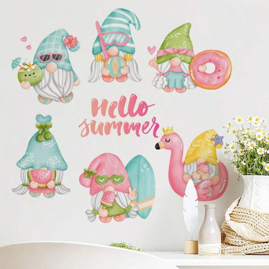 Summer Beach-Themed Window Decals Featuring Gnomes, Swimming Rings, Ice Cream, Watermelon, And Sailboats. These Removabl Stickers Are Suitable For Decorating Bedrooms, Living Rooms, Balconies, And Display Windows - A - View 1