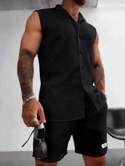 Men's Summer Linen Sleeveless Top And Shorts Set, Fashionable Casual Outdoor Sports Polo Collar Vest And Shorts Suit For Daily Commute