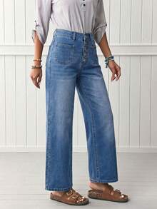 High Waist Button Front Wide Leg Cropped Denim Jeans For Women, Casual Washed Blue Pants Spring - Blue - View 3