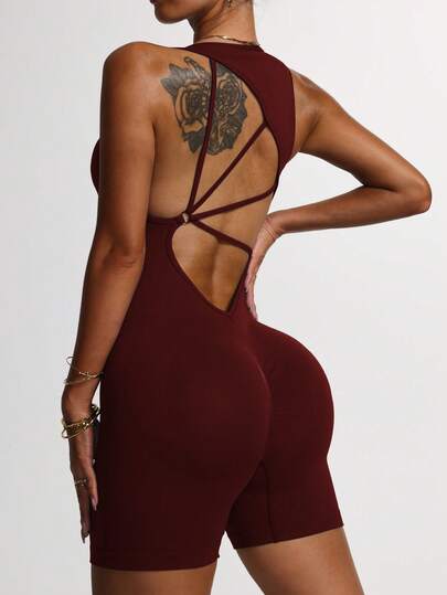 Burgundy Backless Yoga Jumpsuit, Outdoor Sports Fitness Wear, Backless Design One-Piece Training Set