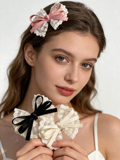 3pcs Lace Hair Bows For Girls Women, Elegant French Vintage Hairpins, Ribbon Bowknot Barrettes, For Party Daily Date Use, Spring Summer Hair Accessories (Black/Beige/Pink), Balletcore Lace Hair Clip, Fabric Hair Bow Non Slip Duck Billed Hairclips, For Thin Thick Hair, Cute Alligator Hairclips, Styling Accessories