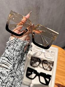 1/4 Pair Women's Geometric Pattern Large Frame Transparent Windproof Plastic Glasses Set, Modern Minimalist Multi-Functional, Suitable For School, Street Photography, Decoration - Transparent - View 6