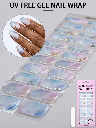 22片蓝色免UV凝胶美甲贴，春夏箔压纹星星、月亮和蝴蝶图案凝胶美甲贴 - 无UV损伤，易于粘贴，适合女性工作、日常居家DIY美甲贴纸