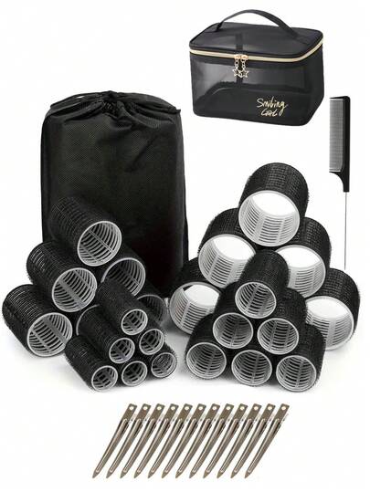 סט 39 רולים ומסלסלי שיער עם 24 רולים לאחיזה עצמית, 4 גדלים ו-12 קליפסים למראה מתנפח, שיער ארוך, בינוני, קצר, עבה, נפח