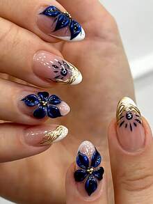 24片短款扁平杏仁形人造指甲，手工法式3D复古蓝色花卉甜美镀金设计，全覆盖可卸可佩戴，适合女性参加派对、舞蹈和日常使用。 - 彩色 - 查看 1
