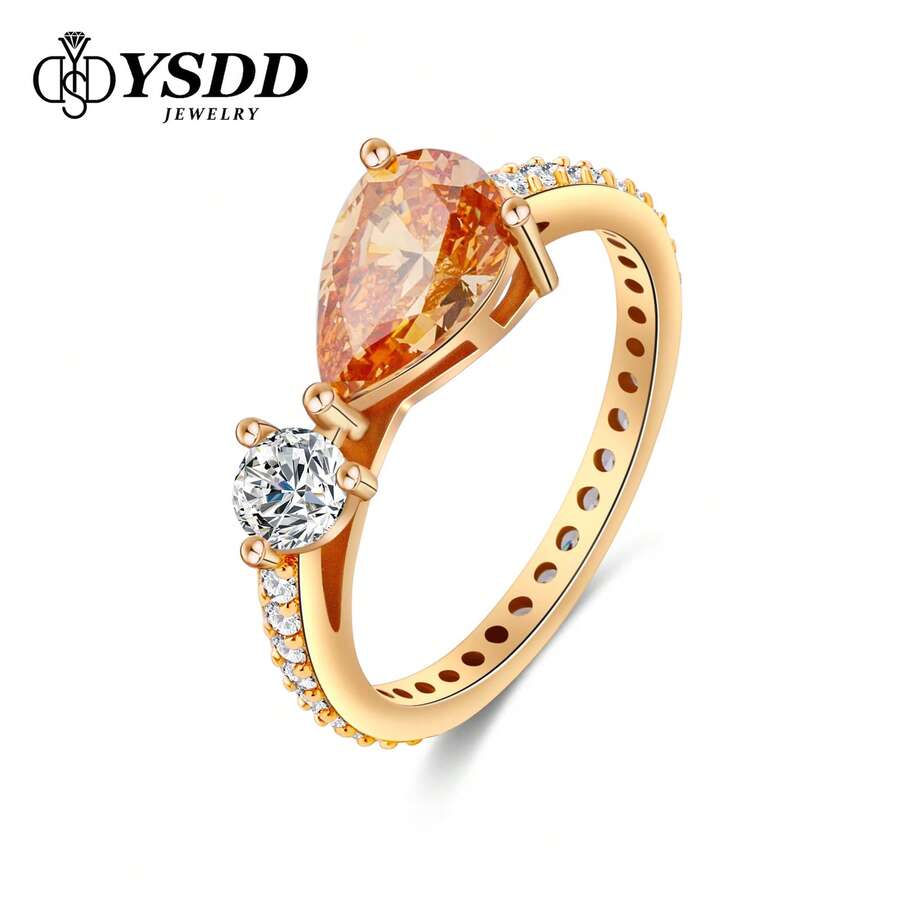 1pc Exquisite 1.5ct Sunset Red Pear Cut & 0.3ct Round Moissanite S925 Silver Plated White Gold Eternal Promise Ring, With Certificate - Rose Gold - View 1