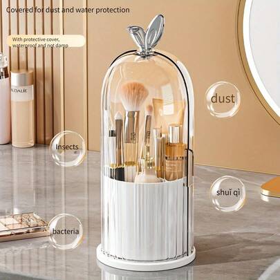 360°旋转——这款防尘、防水、防蚊的化妆品收纳盒，配有透明盖和多个隔层，适合存放化妆刷、口红和护肤品。它是一款可旋转的化妆刷架，配有透明盖，也可作为桌面化妆刷展示架或化妆品收纳盒使用。