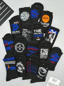 1/5/10双装随机字母数字印花船袜，时尚黑色袜子，男女通用运动袜 - 黑色 - 查看 3