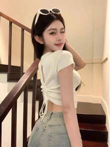 Hombro diseño sentido nicho cordón backless puro deseo viento hueco camiseta de manga corta verano nuevo Spice Girls tops cortos playeras de mujer - Albaricoque - Ver 3