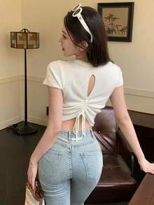 Hombro diseño sentido nicho cordón backless puro deseo viento hueco camiseta de manga corta verano nuevo Spice Girls tops cortos playeras de mujer - Albaricoque - Ver 1