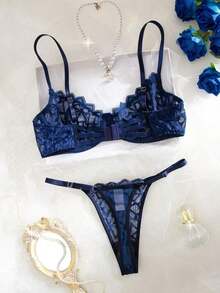 2pcs Women Lace Splice Sheer Underwire Bra And Plaid Panties Lingerie Set Bridallingerie - 藏蓝色 - 查看 2