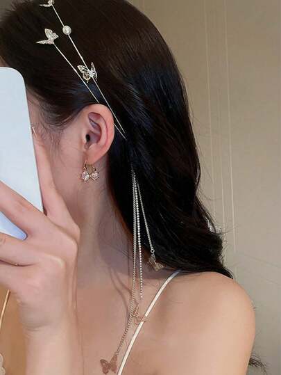 1pc Women's Luxury Tassel Butterfly Headband With Pendant, Fairy Princess Sparkling Hair Accessory For Party And Photo Shoot