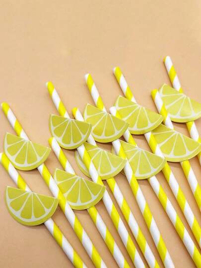 20/50/100 Pack Of Creative Lemon Patterned Party Paper Straws, Cute Cartoon Striped Paper Straws, Suitable For Birthday Parties, Holiday Celebrations, Dessert And Beverage Decorations, Party Decorations, Birthday Parties, Pre Wedding Party Supplies, Valentine's Day, Thanksgiving Gifts, 1/10 Pack