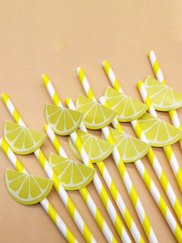 20/50/100 Pack Of Creative Lemon Patterned Party Paper Straws, Cute Cartoon Striped Paper Straws, Suitable For Birthday Parties, Holiday Celebrations, Dessert And Beverage Decorations, Party Decorations, Birthday Parties, Pre Wedding Party Supplies, Valentine's Day, Thanksgiving Gifts, 1/10 Pack