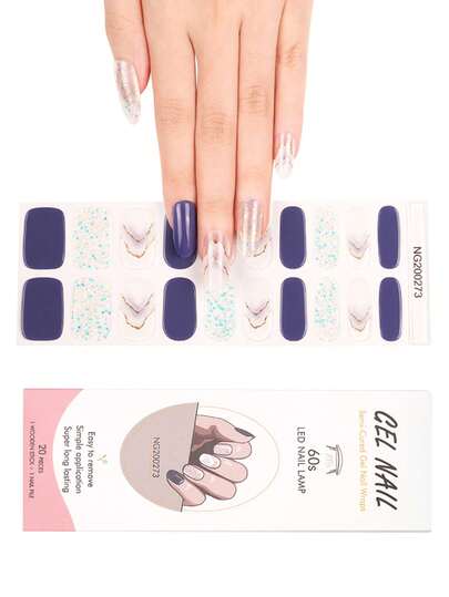 一盒20片装，天然持久经典DIY多色设计蓝色风景美甲凝胶贴纸，易于粘贴和卸除，UV固化美甲凝胶贴纸