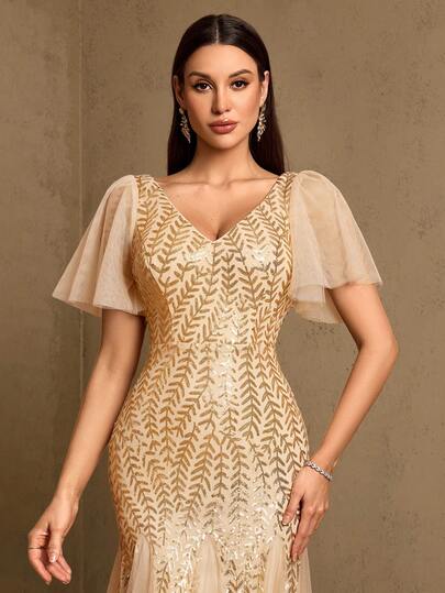 Women's Elegant V-Neck Ruffle Sleeve Mesh & Sequin Patchwork Formal Evening Party Dress Wedding Spring