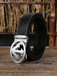 男士纹理PU皮革腰带，配箭头圆形自动扣，金色/银色/黑色镀层扣环，可调节棘轮设计，白色缝线细节，奢华商务休闲风格，父亲节和周年纪念日的完美礼物 - 彩色 - 查看 4