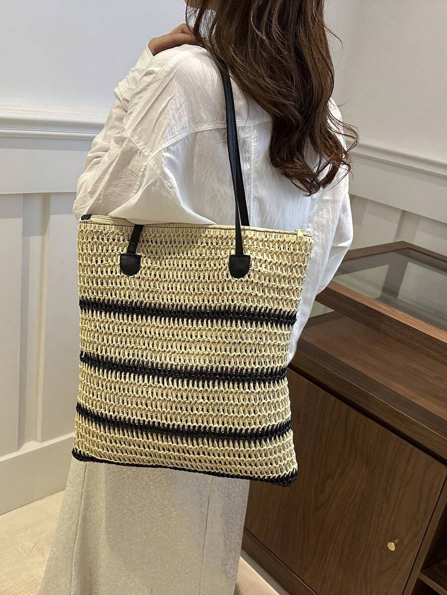 Bolsa de praia para férias, bolsa de palha trançada, bolsa de palha trançada de grande capacidade, bolsa de ombro em cores contrastantes - Multicolorido - Ver 1