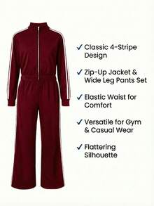 Women's 2 Piece Tracksuit Set,Zipper Jacket With Stripe Detail And Wide Leg Pants,Bodycon Party Clubwear Outfit,Jacket And Pants Sports Pants Set - 酒紅色 - 查看 6