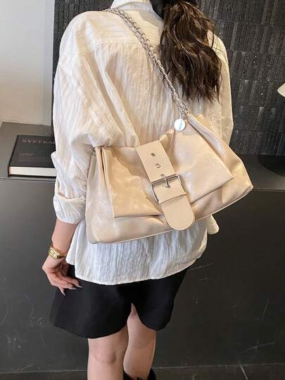 Flip Cover New Fashion Chain Shoulder Bag, Commuting Street Style Versatile Motorcycle Bag, Large Capacity