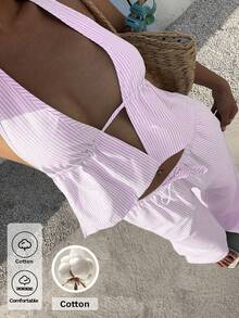 2pcs Vaiaye Women Tie-Up Striped Ruffle Bandeau Crop Top And Wide Leg Pants Set, Striped Linen Deep V Camisole And Drawstring Loose Casual Beach Pants, Sexy Cute Elegant Romantic Summer 2-Piece Set, Traceable Cotton Pink - Pink - View 4