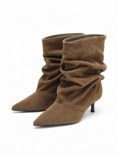 2025 Nieuwe Kitten Heel Geplooide Laarzen met Dij Hoge Puntige Neus, Over De Knie, Vintage Rijlaarzen