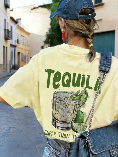Nueva camiseta de mujer de manga corta, suave, versátil y casual para primavera/verano, de cuello redondo, transpirable y con estampado fresco de tequila