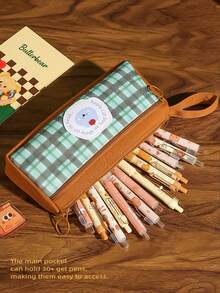 1个复古格子INS风可爱动物纹铅笔盒，大容量，防污，小众风格，学生文具笔袋，学生桌面收纳笔袋，学生返校礼物 - 格格屋筆袋 - 查看 4