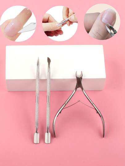 3pcs Professional Stainless Steel Silver Cuticle Pusher And Nipper, Cuticle Trimmer, Salon Quality Stainless Steel Gel Polish Remover, Professional Stainless Steel Cuticle Nipper, Nail And Toenail Grooming Tools, Ideal For Professional Manicure, Manicure Learners, Salon, Home And Travel DIY Manicure