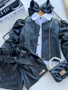 Children's Fashion Blogger Set - Leather Jacket With Princess Sleeves + Clochard Shorts - màu đen - Xem 1
