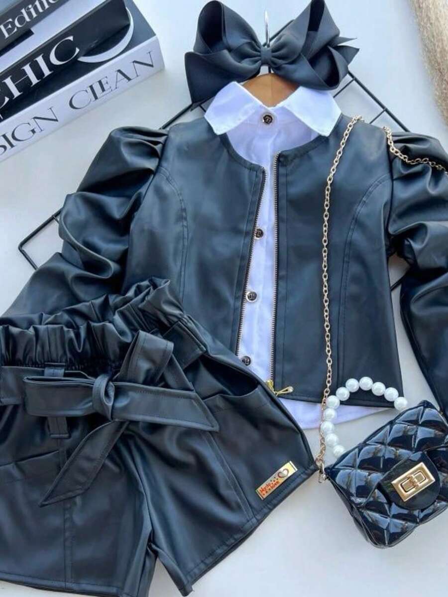 Children's Fashion Blogger Set - Leather Jacket With Princess Sleeves + Clochard Shorts - màu đen - Xem 1