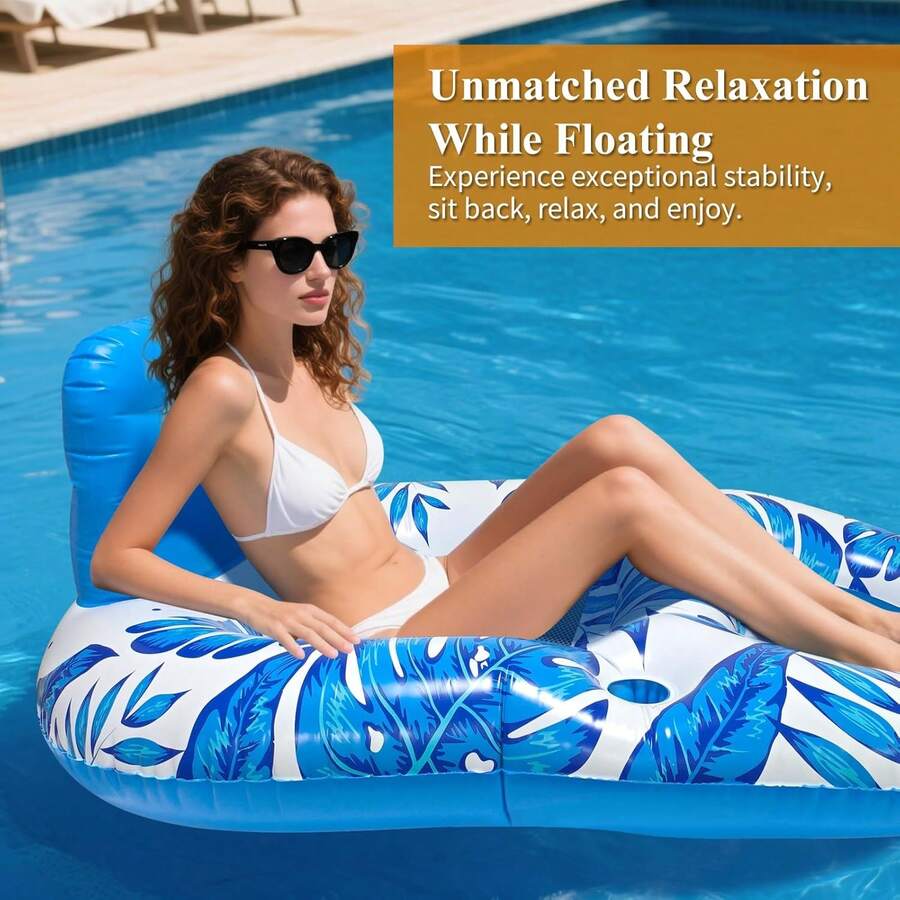 充气式漂浮泳池躺椅，超大日光浴躺椅，带靠背、脚踏和杯架，适用于泳池、湖泊、河流、沙滩、海洋和派对。 - 彩色 - 查看 1