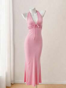 Bow Tie Waist Elegant Lace Patchwork Deep V-Neck Dress, Suitable For Summer Vacation, Party, Dating, Graduation, Shopping, Beach, Pink Dress For Women - Pink - View 6