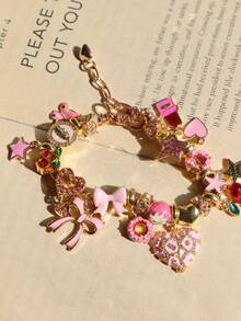 1pc Pink Leopard Heart Charm Bracelet, Cute Bow Heart Bracelet, Strawberry & Star Girl Bracelet, Fake Food Donut Bracelet, Religious Virgin Mary Bracelet - Gold - View 6