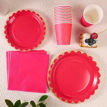 Rose Gold Edged Disposable Tableware Set, Including 7/9 Inch Paper Plates, Paper Cups, Paper Napkins, Suitable For Birthday Parties, Festivals, Gatherings, Picnics, Celebration Events, Wedding Tea Parties, Graduation Ceremonies - Hot Pink - View 5