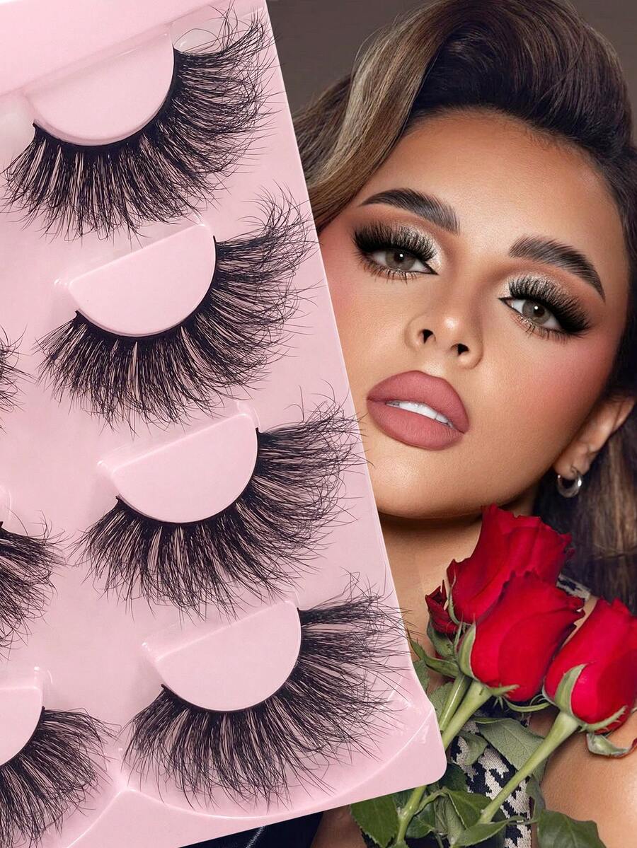 ENCHUW 4 Pairs Eyelashes Fluffy False Lashes Wispy Full Eye Lashes 25mm Long D Curl Strip Eyelashes Pack Reusable Fake Eyelashes That Look Like Extensions - Black - View 1