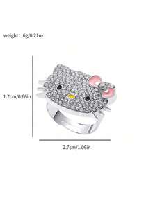 SANRIO 1枚卡通Hello Kitty戒指，镶嵌锆石，可爱猫咪可调节开口戒指，时尚优雅 - 彩色 - 查看 9