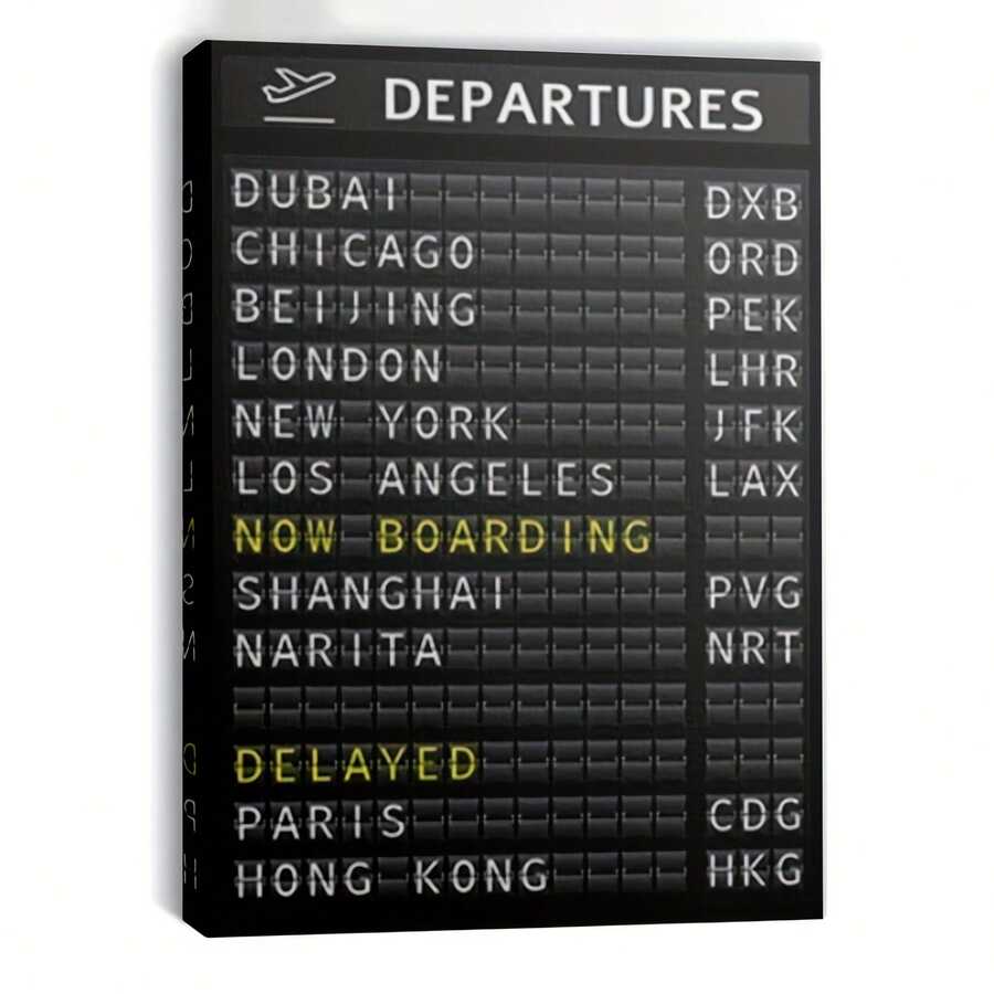 1pc Framed Canvas Airport Departures Board - Black & Yellow Travel-Themed Wall Art With Flight Information, Perfect For Office, Lounge, Or Home Decor, Office Wall Art | Bold Typography Art | Durable Canvas, Canvas Wall Art - 有框架 - 查看 1