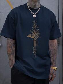 Camiseta de manga corta con estampado gráfico de montaña para hombre, cómoda y transpirable, adecuada para el verano, de moda destacada - Azul Marino - Ver 3