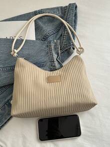 2025 New Arrival Casual Large Capacity Crease Striped Fresh Commuting Solid Color Shoulder Underarm Handbag - Khaki - View 6
