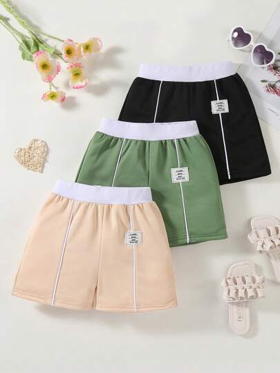 3pcs Girls' Sweatshirt & Striped Shorts Set, Fashionable Summer Sports Shorts Suitable For Outdoor Activities