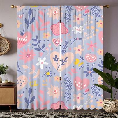 2pcs Purple-Pink Cartoon Small Flower Pattern Semi-Shading Bedroom Curtains, No-Drilling Rod-Penetrating Design, Rod Pocket Hanging, Cute Cartoon Style Living Room Curtains, Kitchen Curtains, Suitable For Home Decoration, Room Decoration, House Decoration Partition, Polyester Material, Machine Washable And Hand Washable