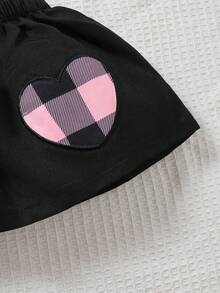 2 piezas Conjunto de niña bebé de mono con estampado a cuadros y volantes en las mangas + falda con bordado de corazón, para uso diario, primavera/verano - Rosa - Ver 8