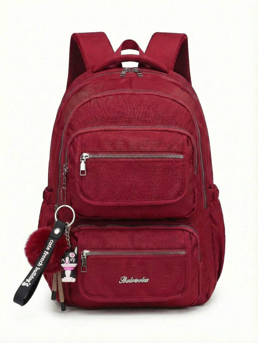 Casual Nylon Backpack With Large Capacity And Cute Charm For School - Red - View 1